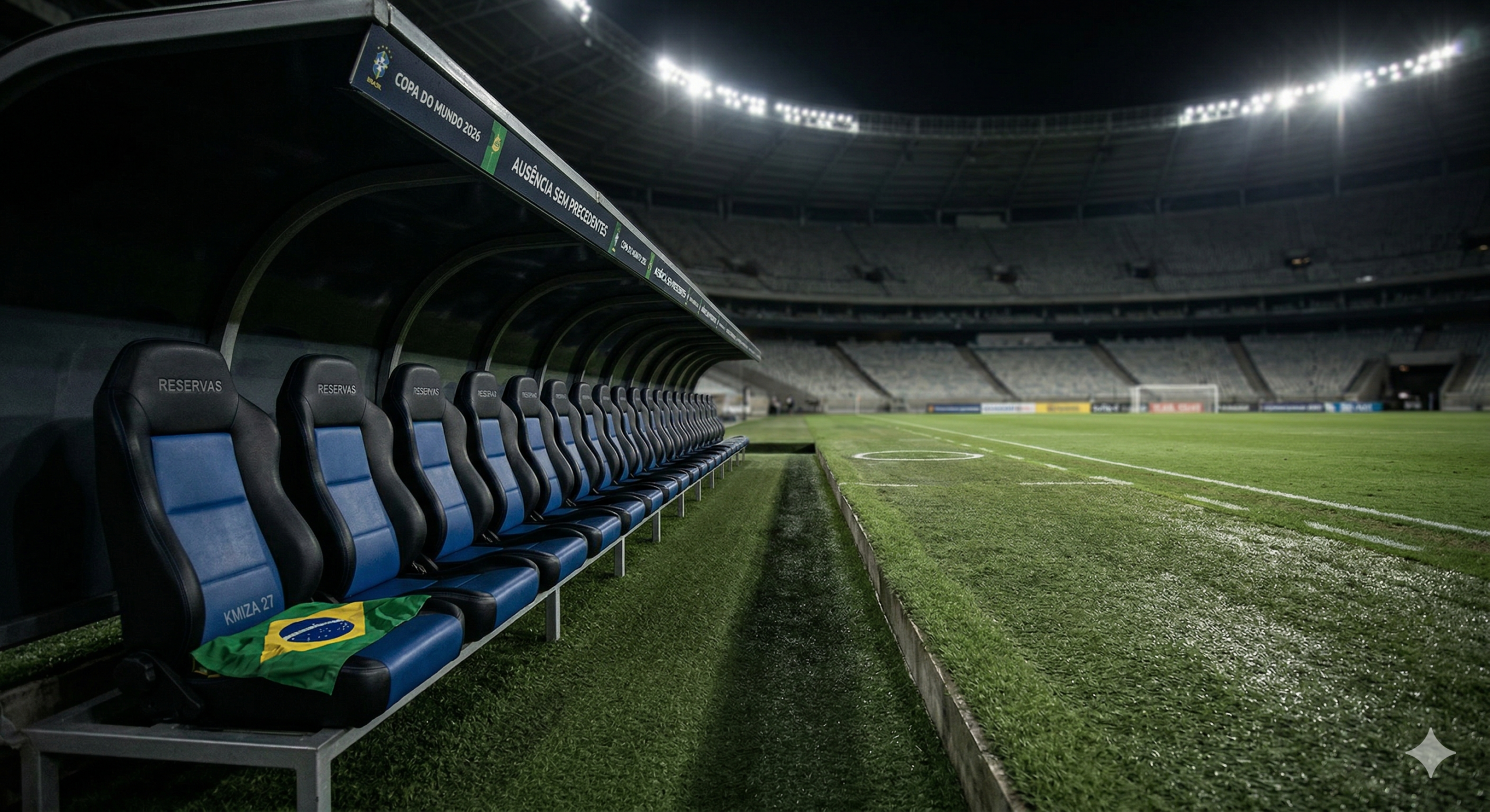 Visão lateral de um banco de reservas vazio em um estádio de futebol profissional sob luzes noturnas