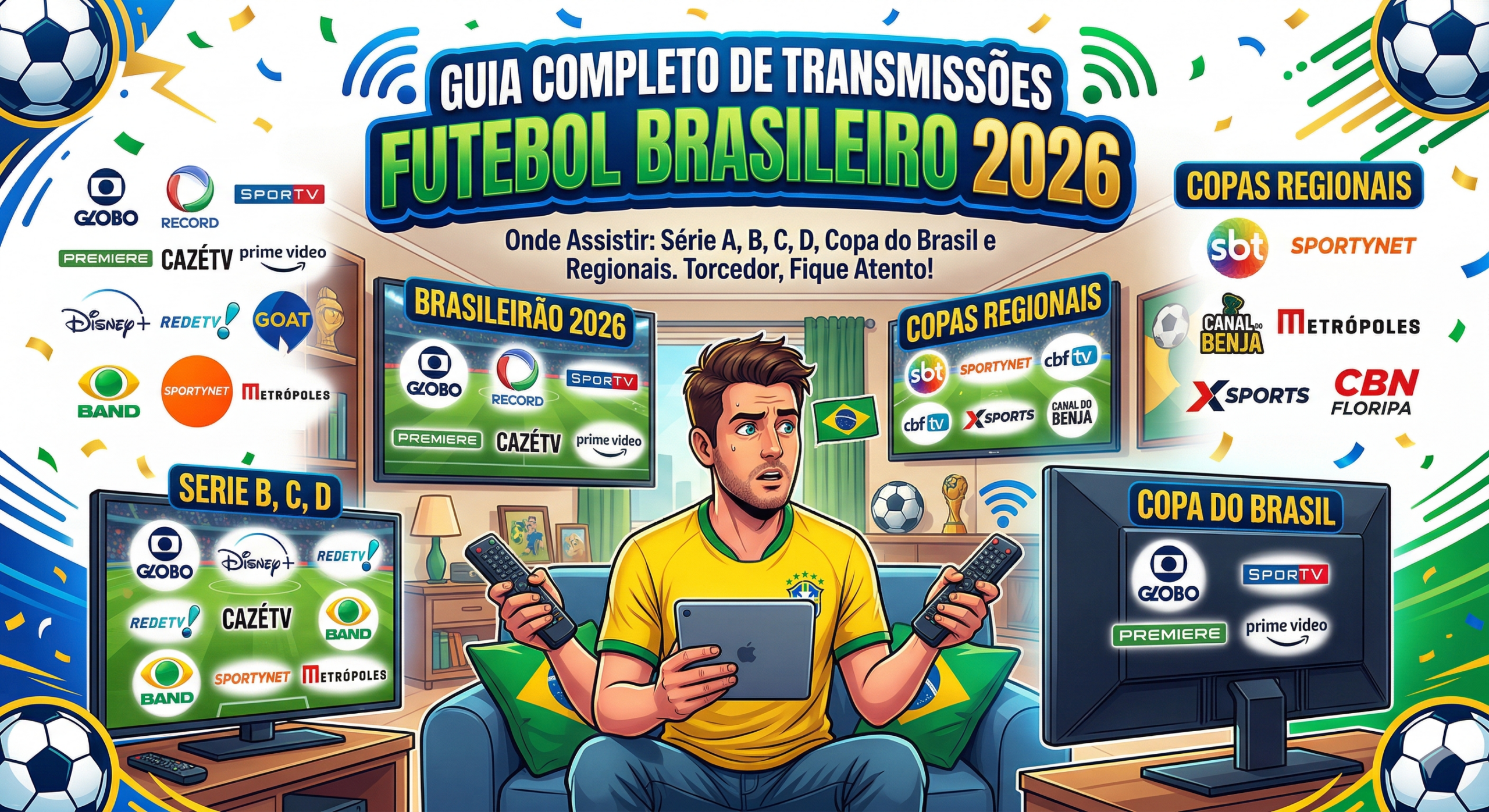 Infográfico ou imagem ilustrativa com logos de canais de TV e streaming sobre um campo de futebol, indicando as transmissões de 2026.